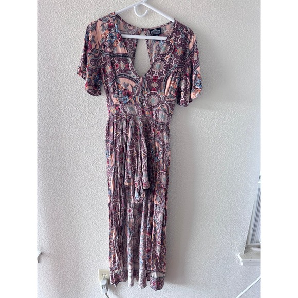 Angie Pants - Angie Boho Paisley Floral Romper Pink Purple Tie Back Keyhole Size Medium